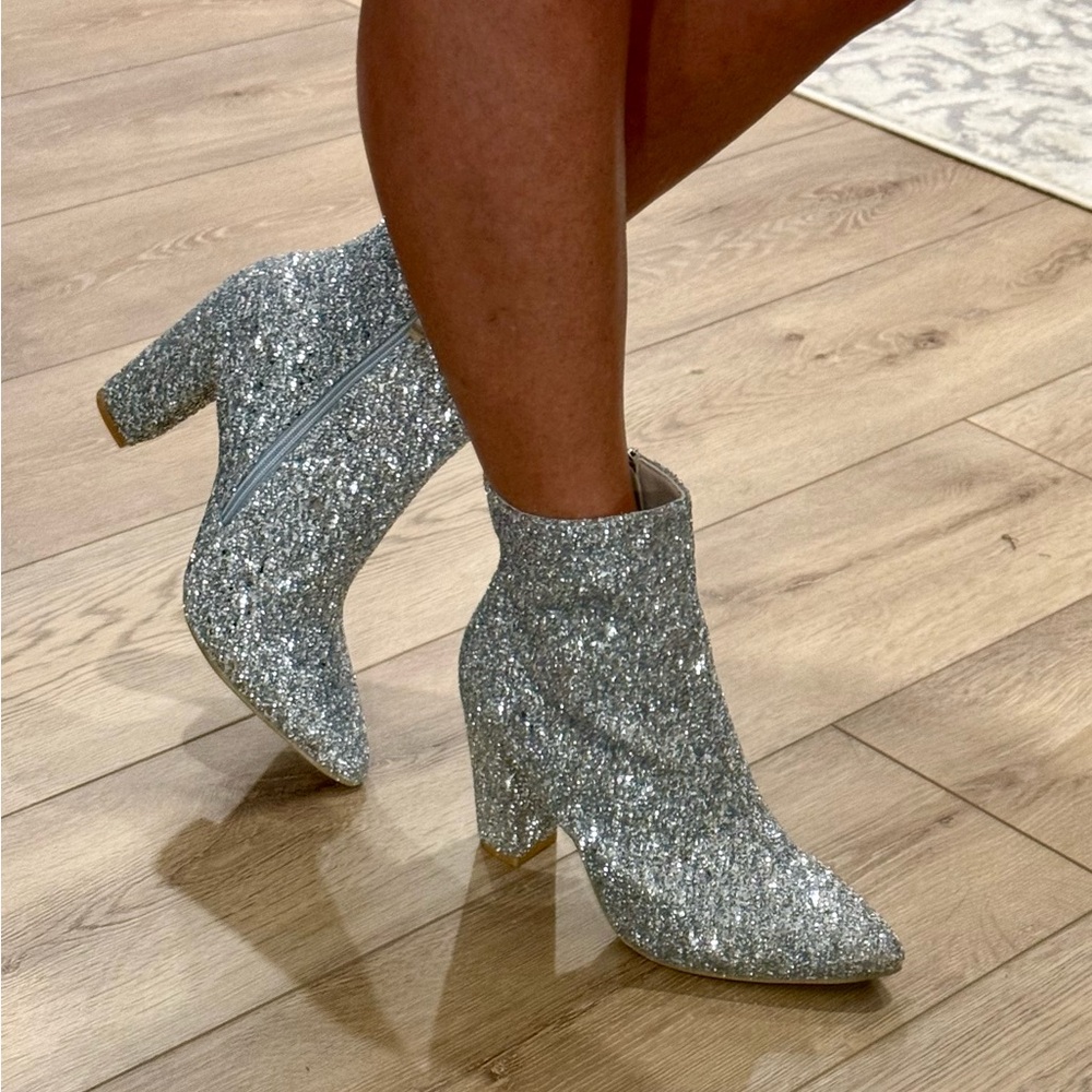SHEIN Silver Glitter Pointed Toe Block Heel Ankle Boots